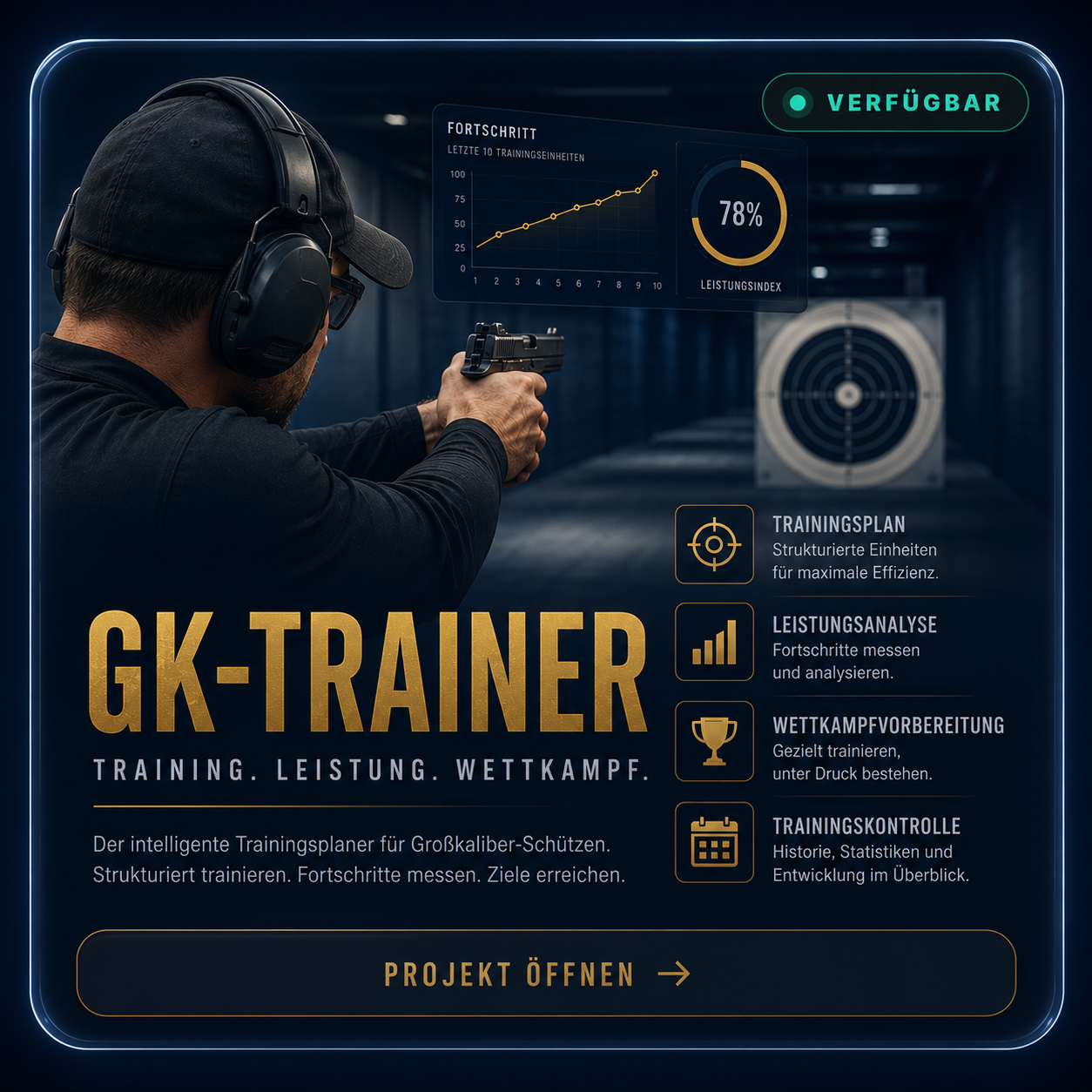 Key Visual des GK-Trainers mit Sportschütze und Trainingsauswertung